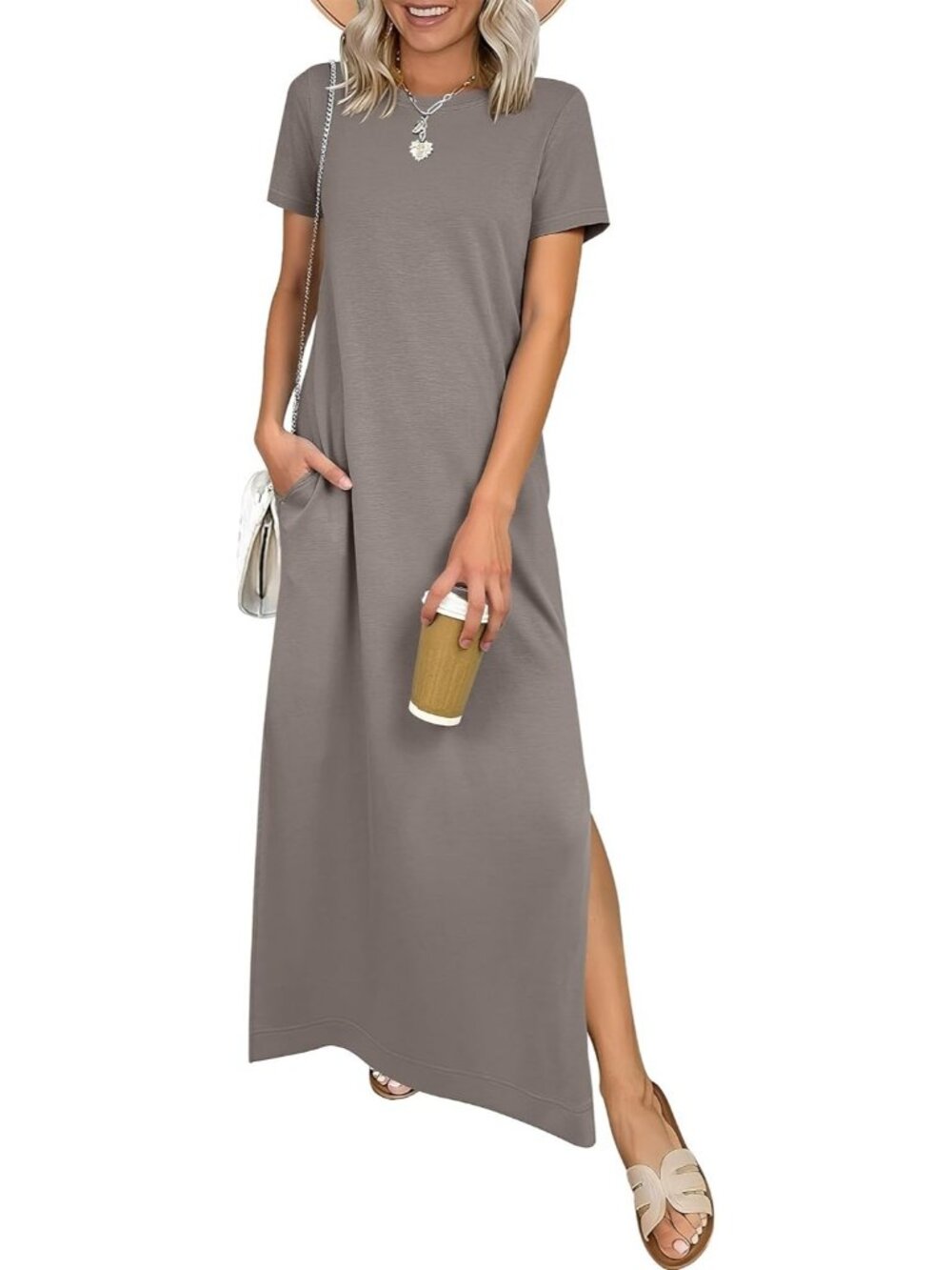 Women's Coffee Grey Crewneck Summer Casual Maxi Short Sleeve Split Long Dress